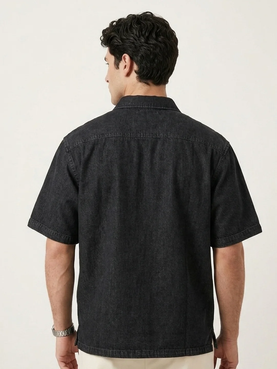 Plus Men's Black Oversized Fit Half Sleeve Solid Casual Denim Shirt - Image 3