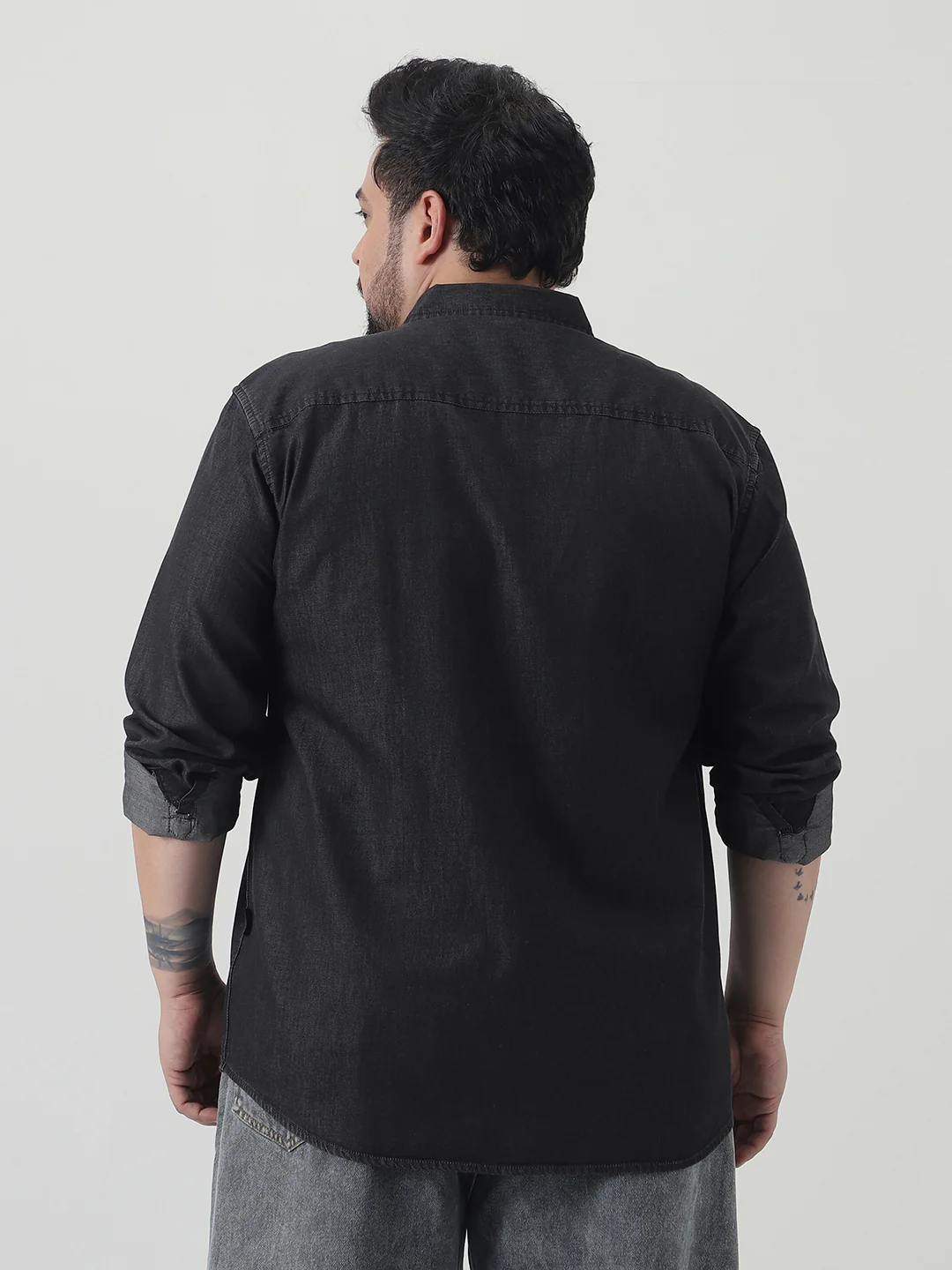 Plus Men's Black Regular Fit Full Sleeve Washed Denim Shirt - Image 3