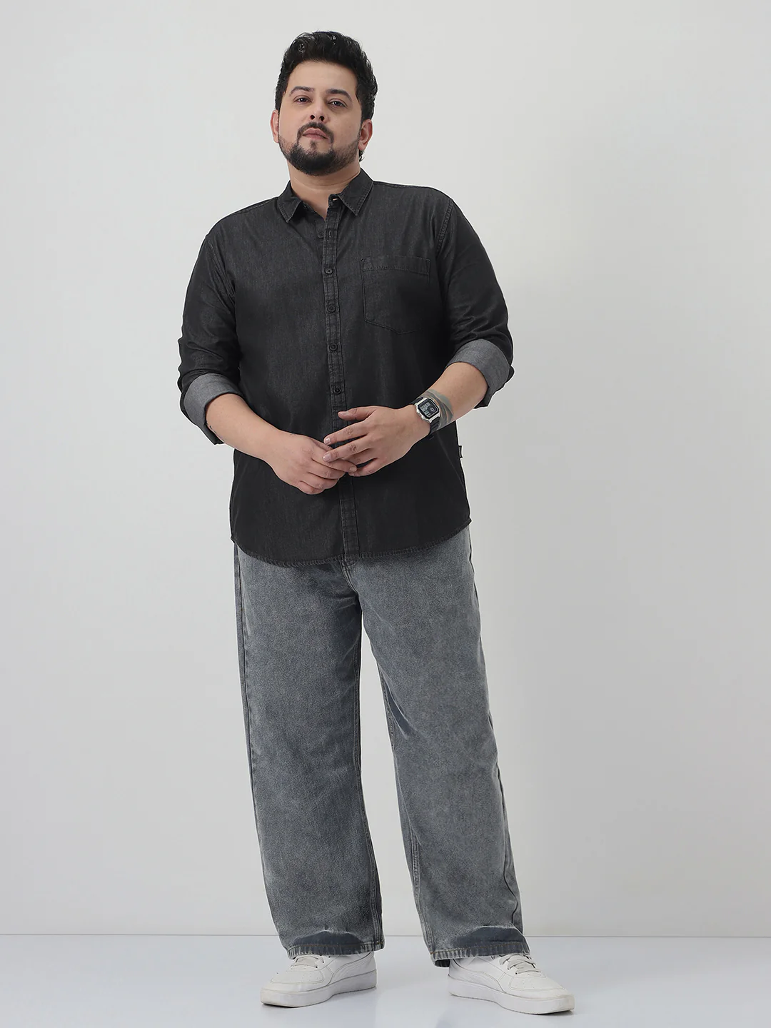 Plus Men's Black Regular Fit Full Sleeve Washed Denim Shirt - Image 4