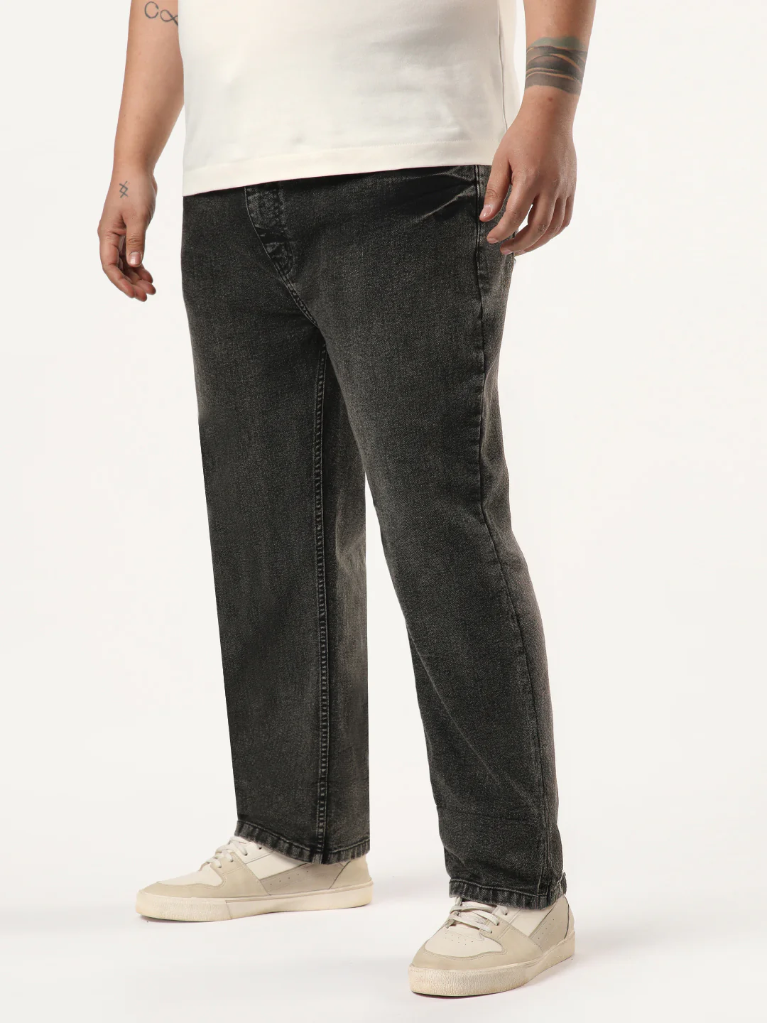 Plus Men's Black Regular Fit Acid Washed Denim Jeans Stretchable - Image 2