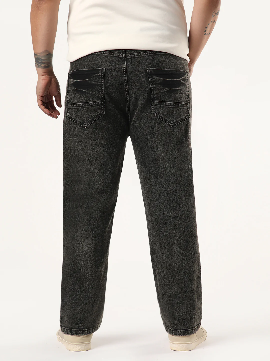 Plus Men's Black Regular Fit Acid Washed Denim Jeans Stretchable - Image 3