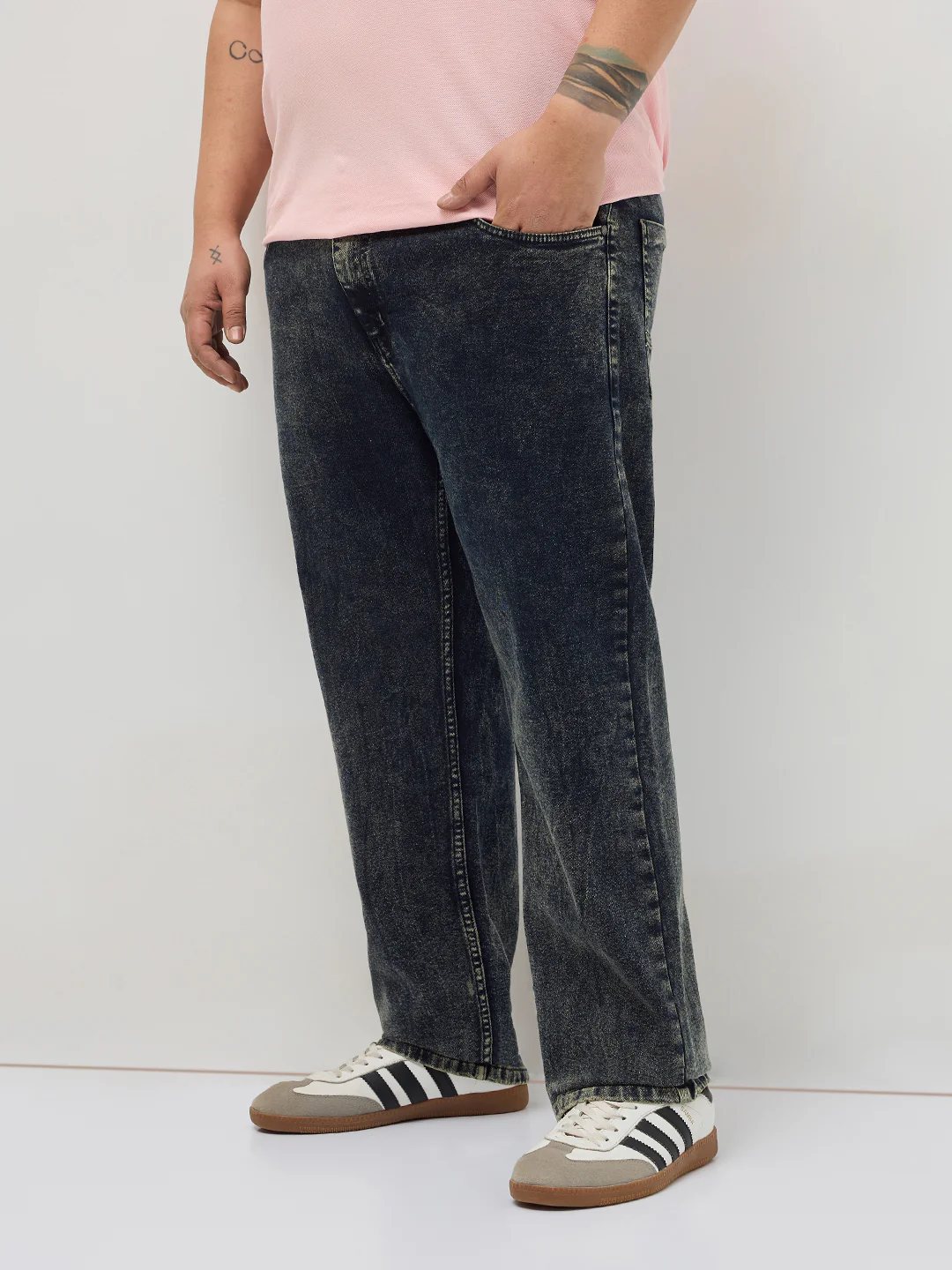 Plus Men's Black Regular Fit Towel Washed Yellow Tint Denim Jeans Stretchable - Image 2