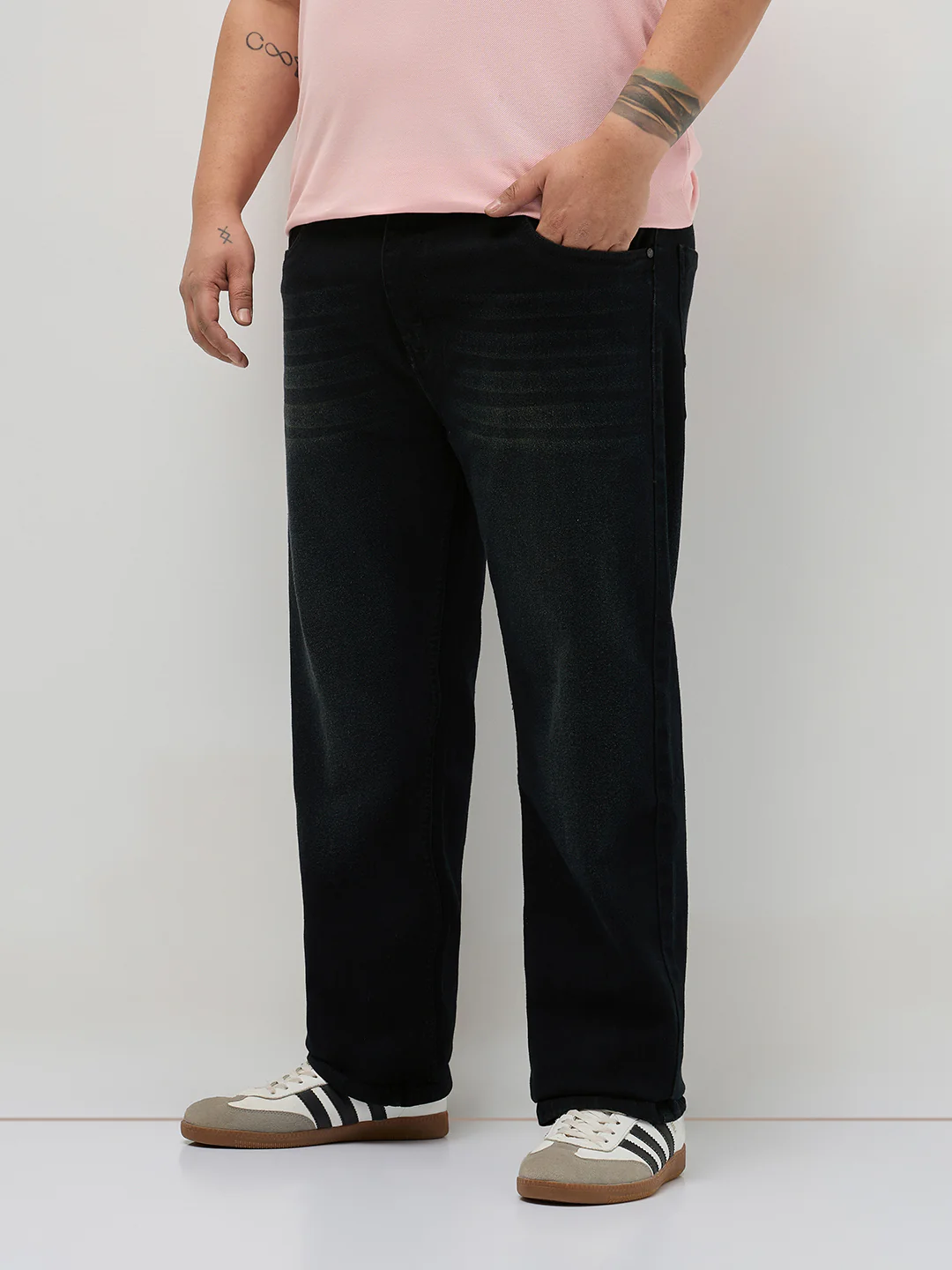 Plus Men's Black Regular Fit Whisker Washed Yellow Tint Denim Jeans Stretchable - Image 2