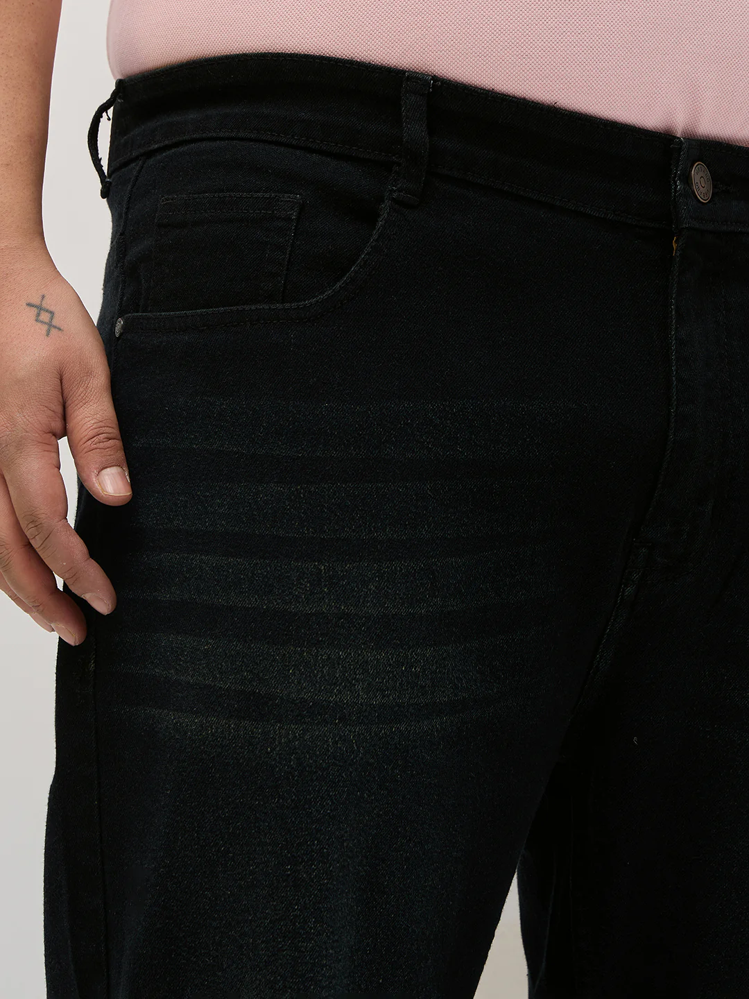 Plus Men's Black Regular Fit Whisker Washed Yellow Tint Denim Jeans Stretchable - Image 5