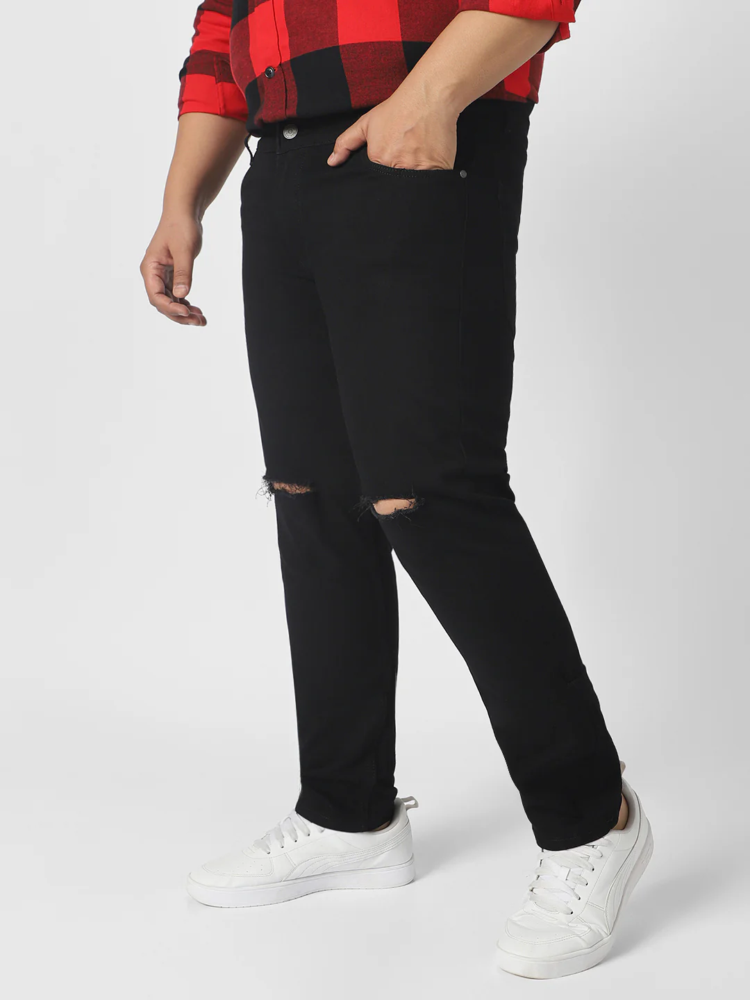Plus Men's Black Regular Fit Knee Slit Distressed Jeans Stretchable - Image 2