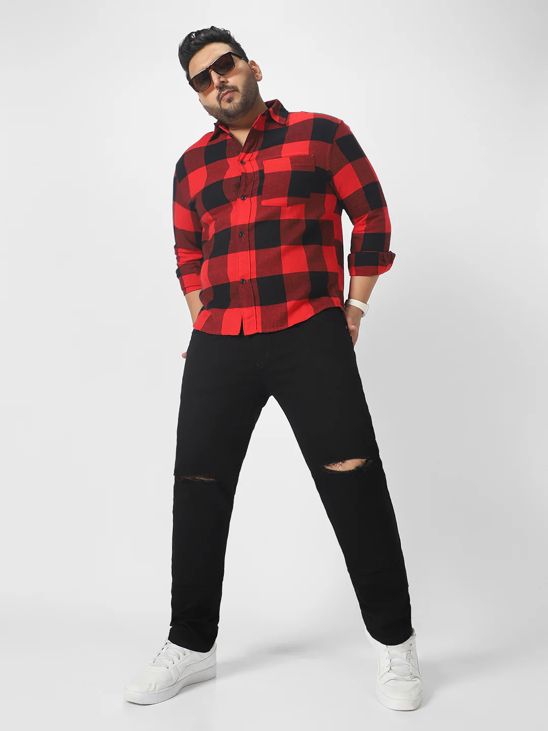 Plus Men's Black Regular Fit Knee Slit Distressed Jeans Stretchable - Image 4