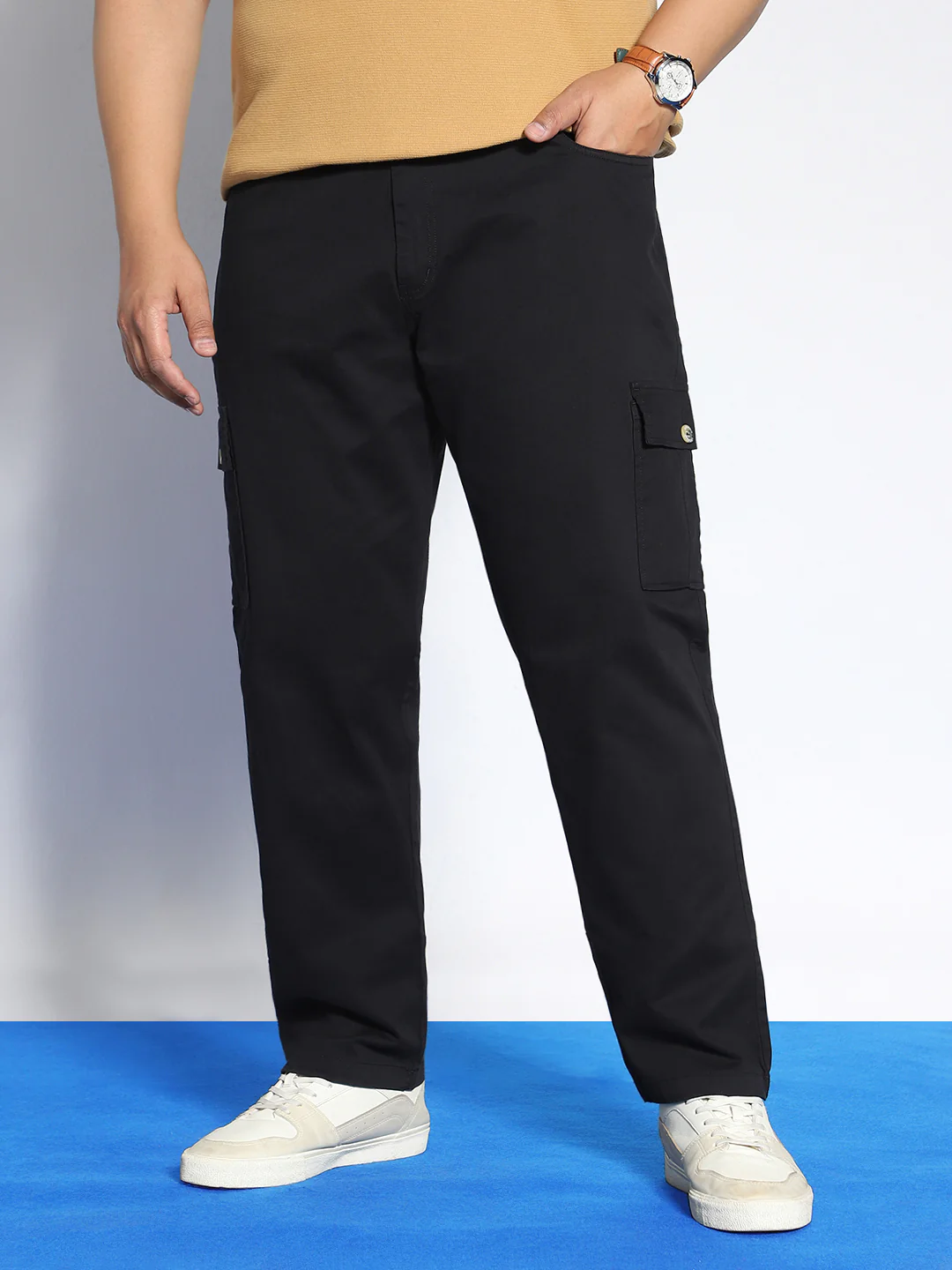 Plus Men's Black Regular Fit Solid Cargo Chino Pant with 6 Pockets Stretchable - Image 3