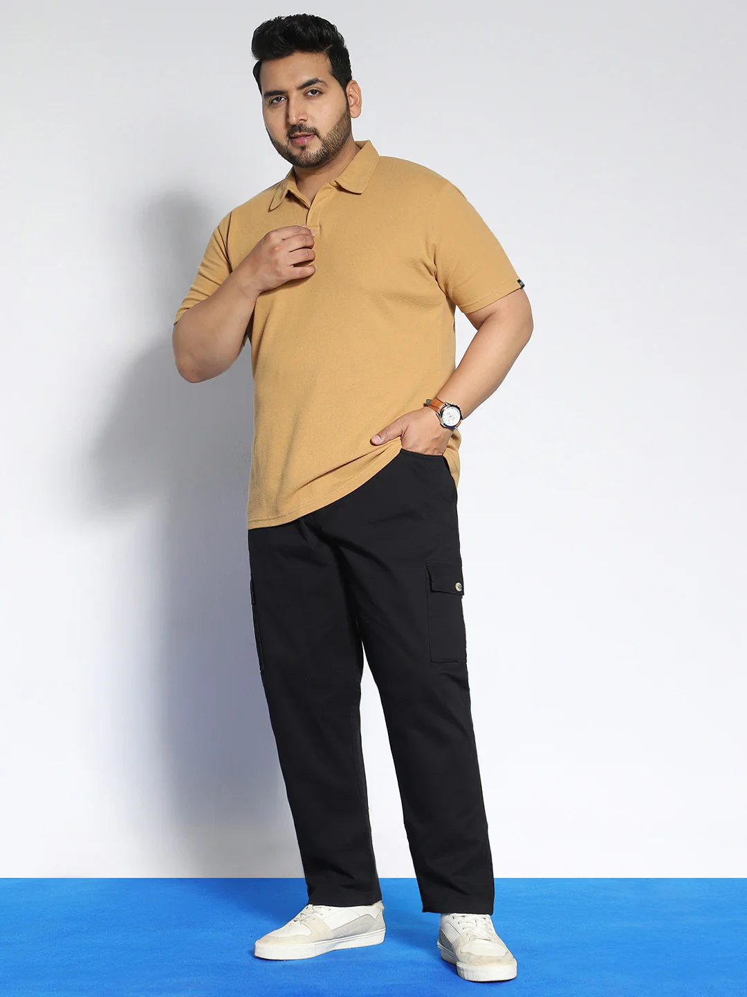 Plus Men's Black Regular Fit Solid Cargo Chino Pant with 6 Pockets Stretchable - Image 5