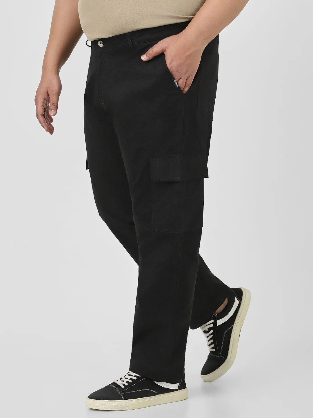 Plus Men's Black Regular Fit Solid Cargo Chino Pant with 6 Pockets Stretchable - Image 2