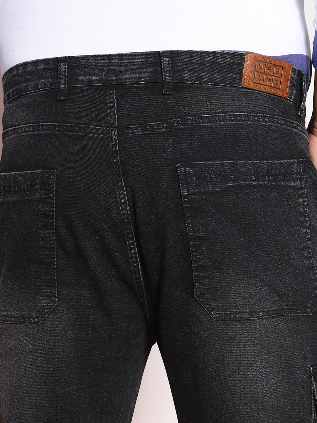 Plus Men's Black Regular Fit Washed Cargo Jeans With 6 Pockets Stretchable - Image 5
