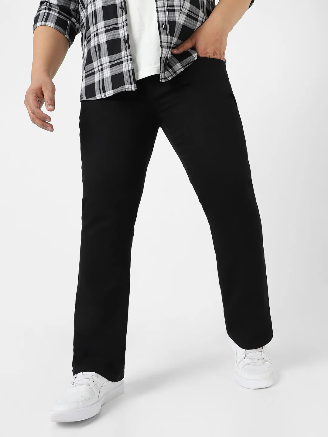 Plus Men's Black Regular Fit Washed Denim Bootcut Jeans Stretchable - Image 2