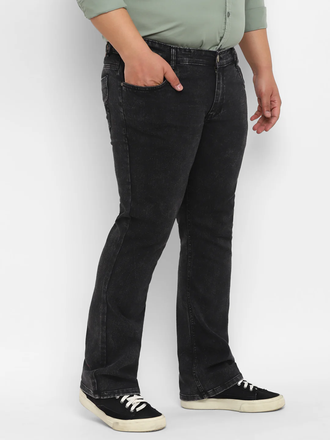Plus Men's Black Regular Fit Washed Denim Bootcut Jeans Stretchable - Image 2
