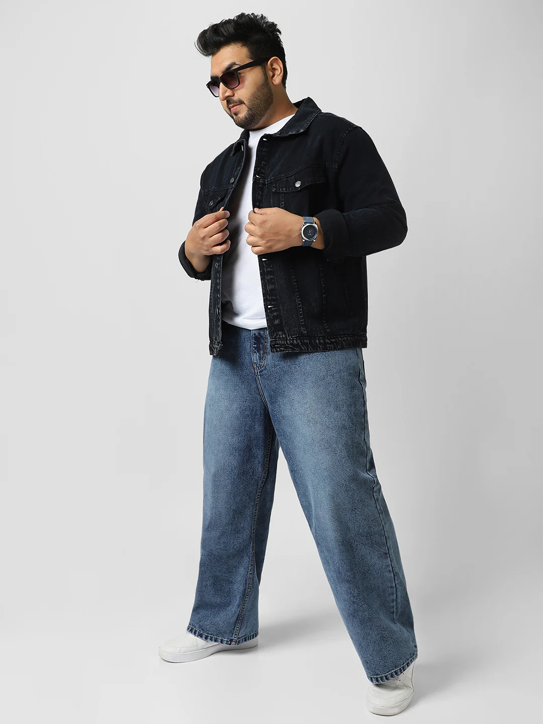 Plus Men's Black Regular Fit Washed Full Sleeve Denim Jacket - Image 4