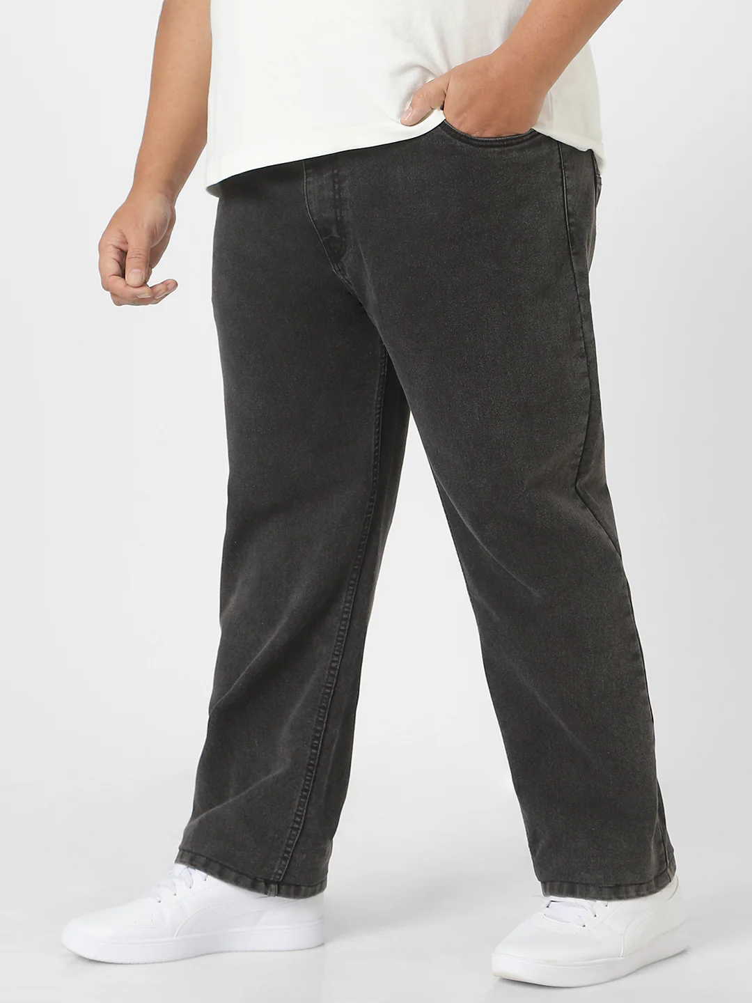 Plus Men's Black Regular Fit Washed Jeans Stretchable - Image 2