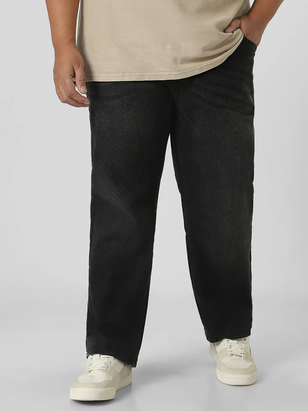 Plus Men's Black Regular Fit Washed Jeans Stretchable - Image 2