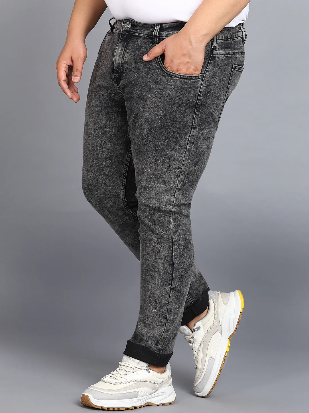 Plus Men's Black Regular Fit Washed Jeans Stretchable - Image 2