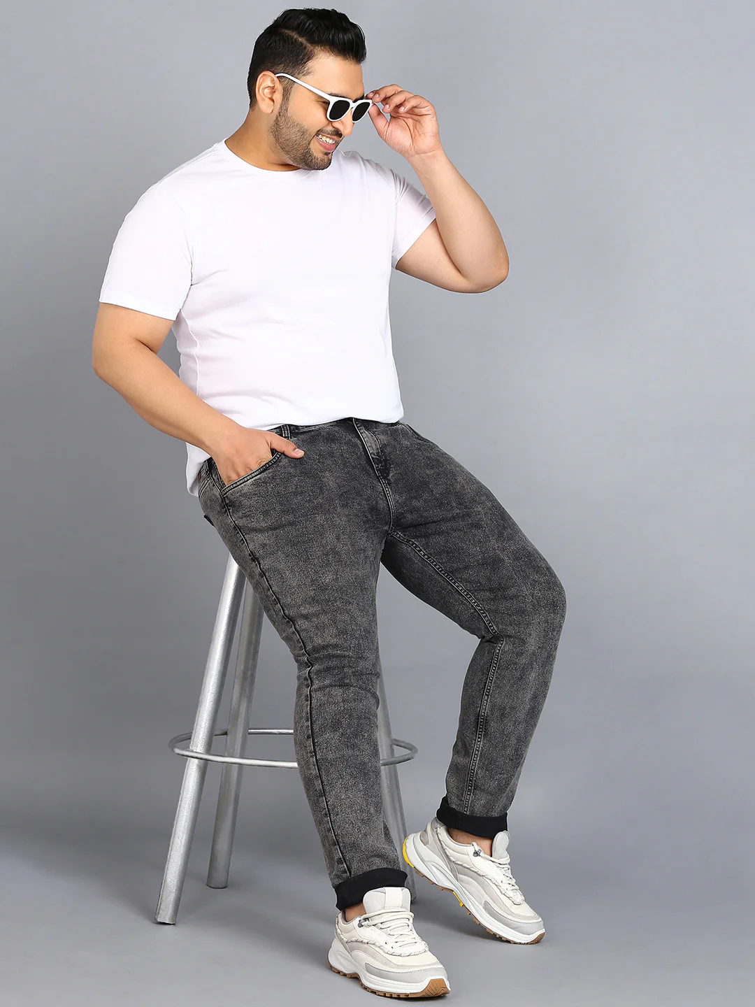 Plus Men's Black Regular Fit Washed Jeans Stretchable - Image 4