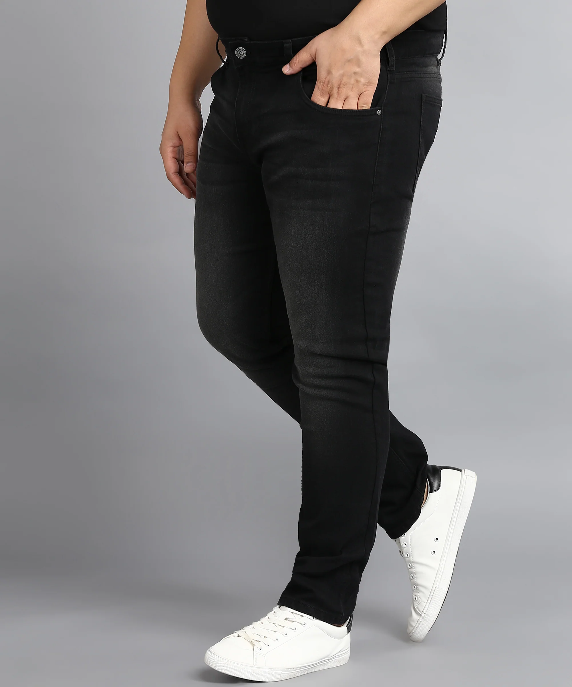 Plus Men's Black Regular Fit Washed Jeans Stretchable - Image 2