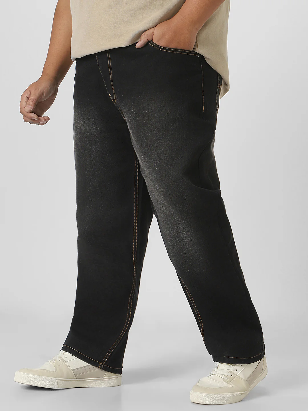Plus Men's Black Regular Fit Washed Jeans Stretchable - Image 2