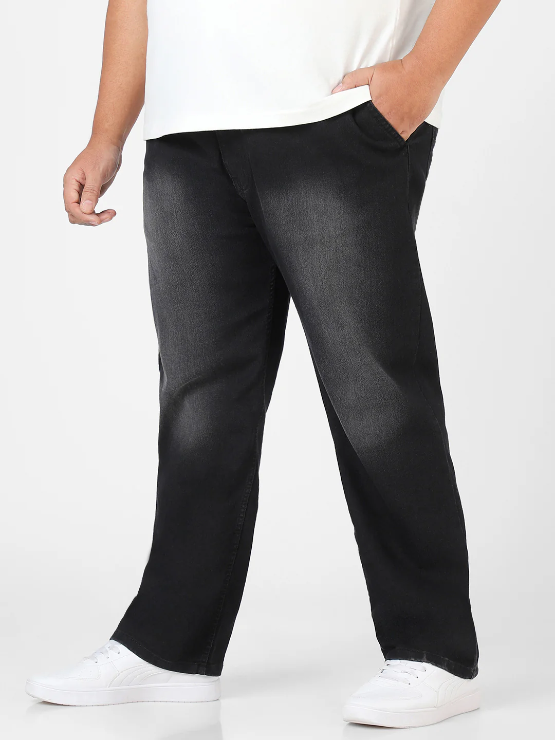 Plus Men's Black Regular Fit Washed Jeans Stretchable - Image 2