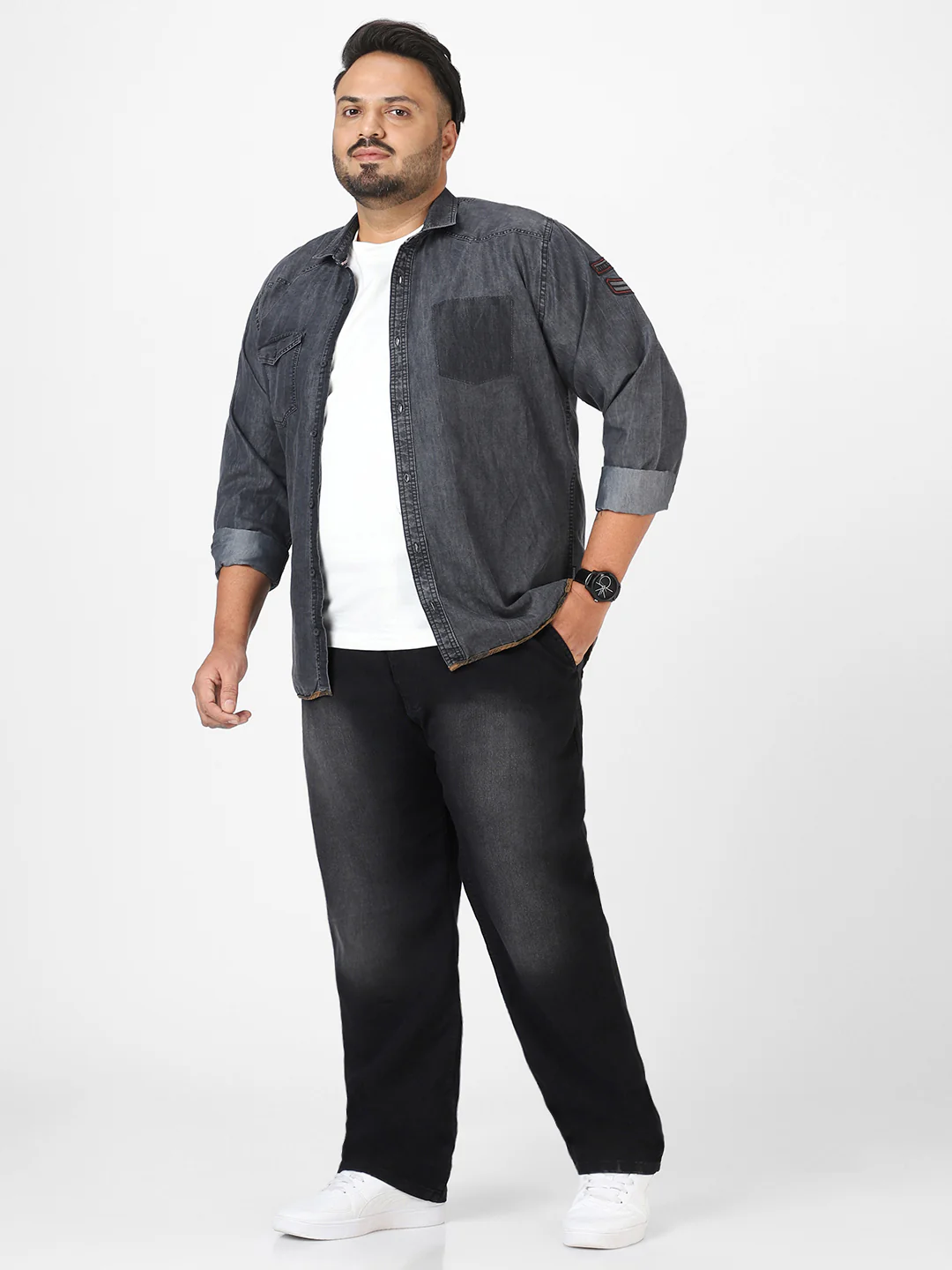 Plus Men's Black Regular Fit Washed Jeans Stretchable - Image 4