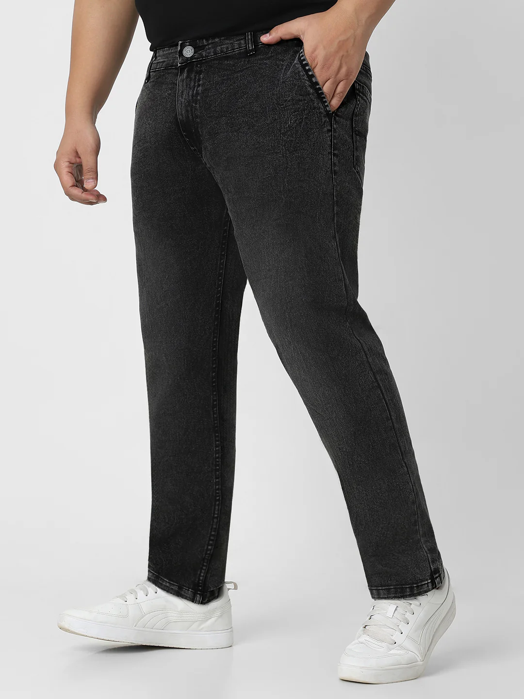 Plus Men's Black Regular Fit Washed Jeans Stretchable - Image 2