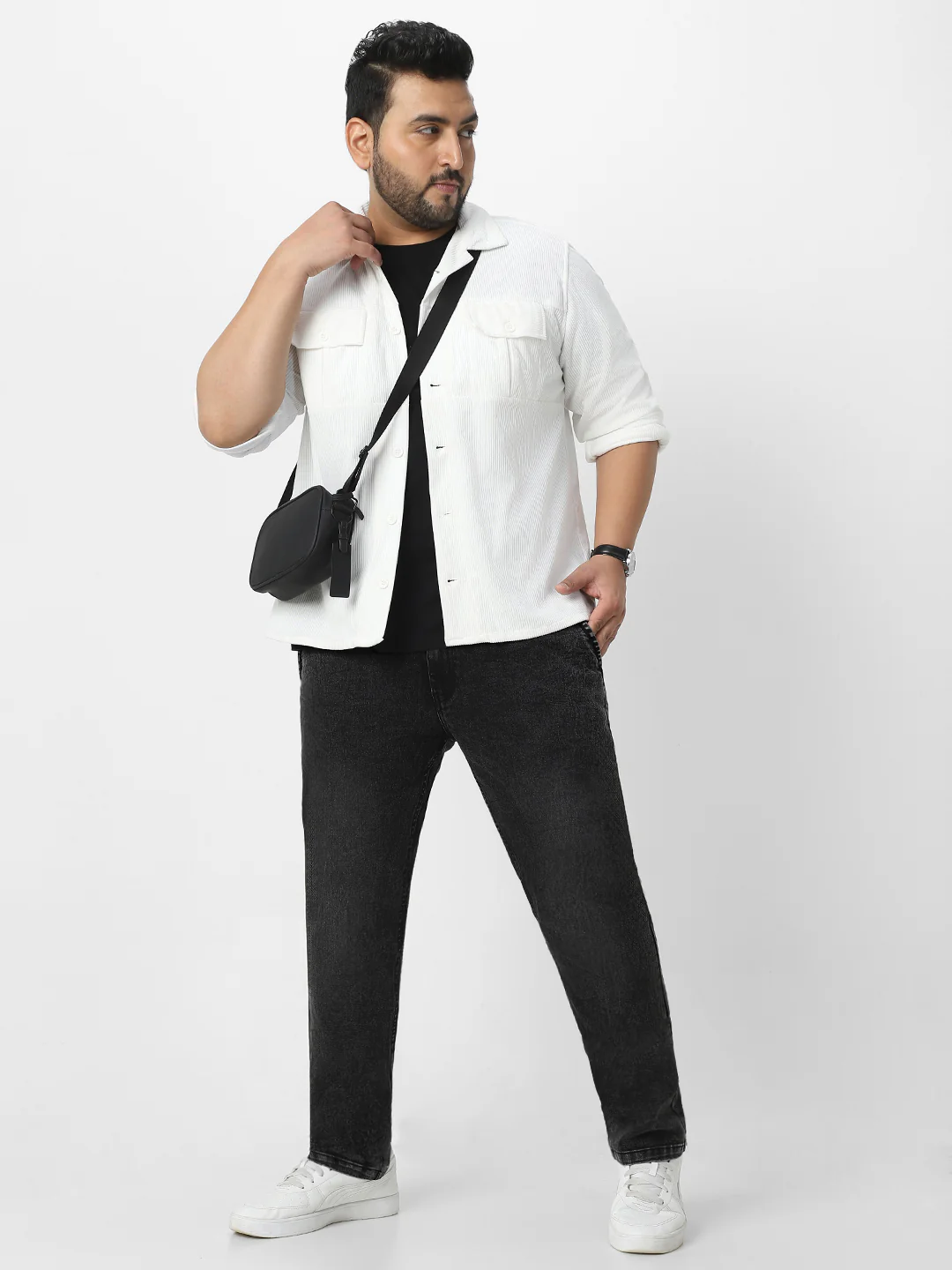 Plus Men's Black Regular Fit Washed Jeans Stretchable - Image 4