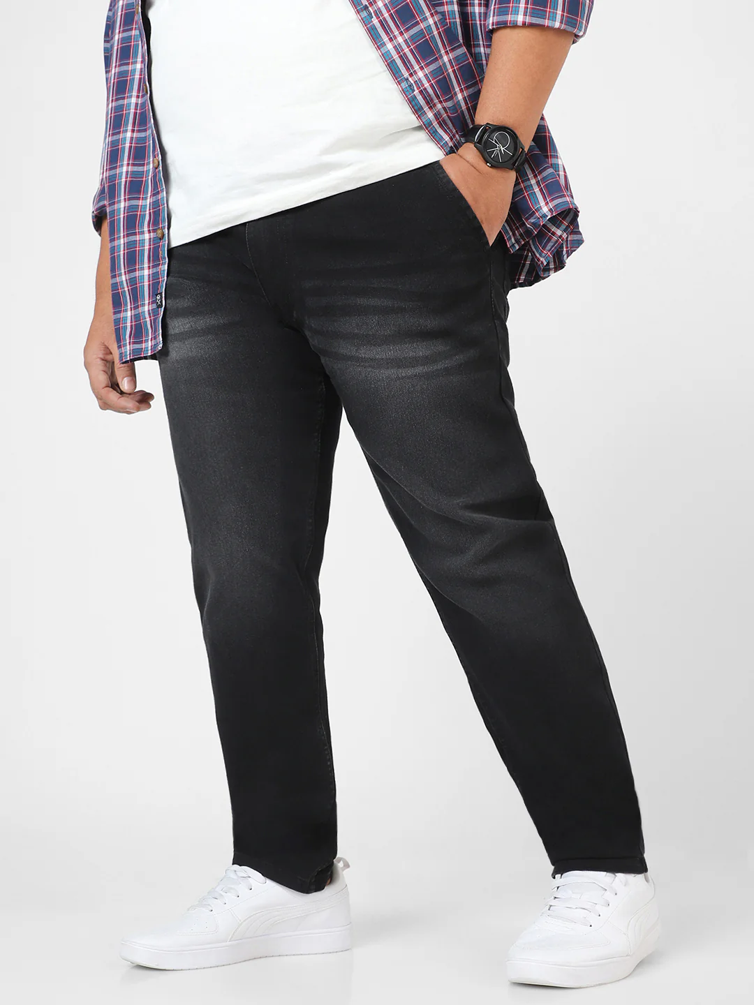 Plus Men's Black Regular Fit Washed Jeans Stretchable