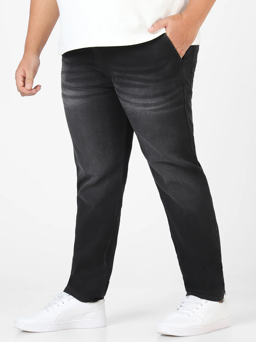 Plus Men's Black Regular Fit Washed Jeans Stretchable - Image 2