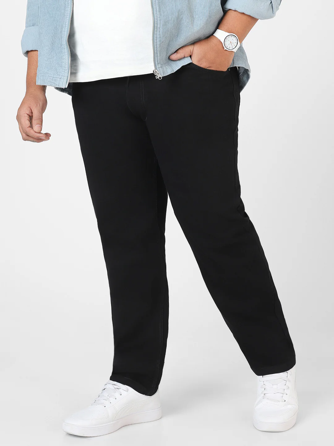 Plus Men's Black Regular Fit Washed Jeans Stretchable - Image 2