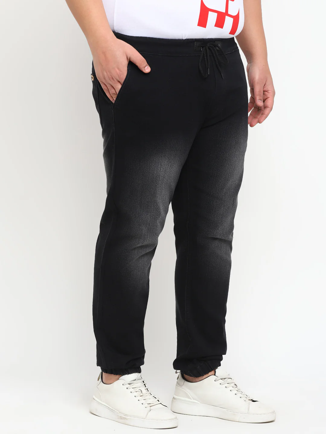 Plus Men's Black Regular Fit Washed Jogger Jeans Stretch - Image 2