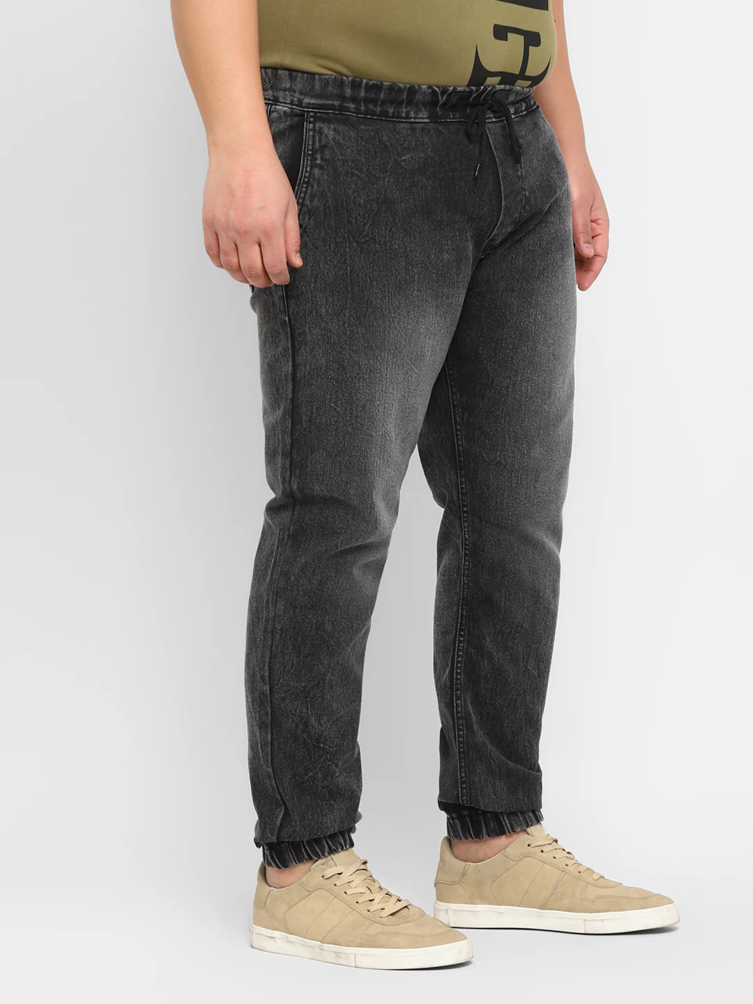 Plus Men's Black Regular Fit Washed Jogger Jeans Stretch - Image 2