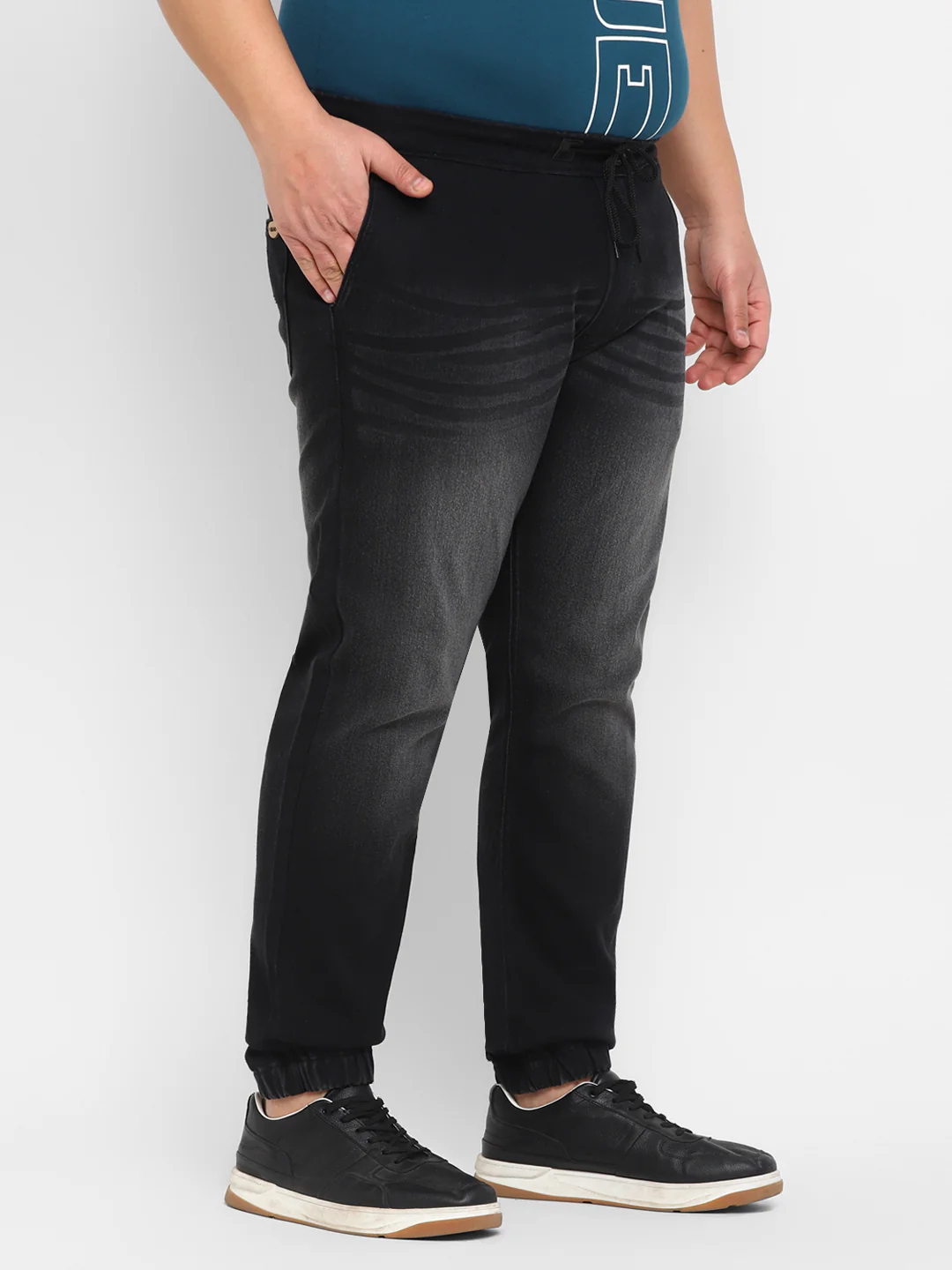 Plus Men's Black Regular Fit Washed Jogger Jeans Stretch - Image 2