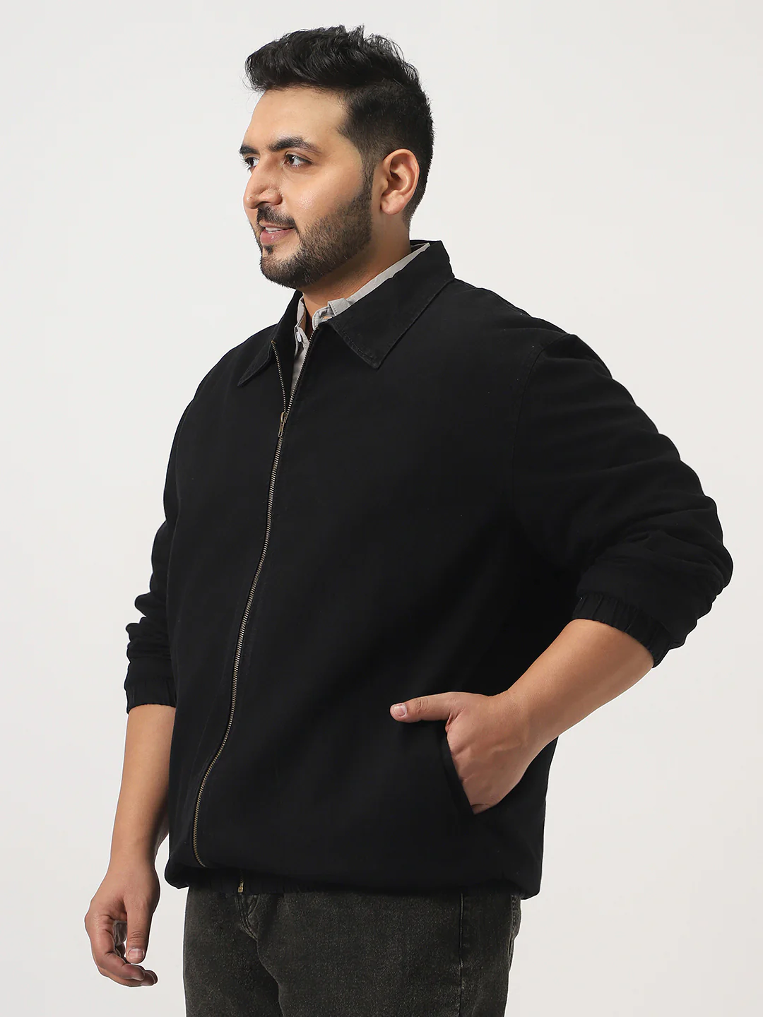 Plus Men's Black Relaxed Fit Full Sleeve Harrington Denim Jacket - Image 2