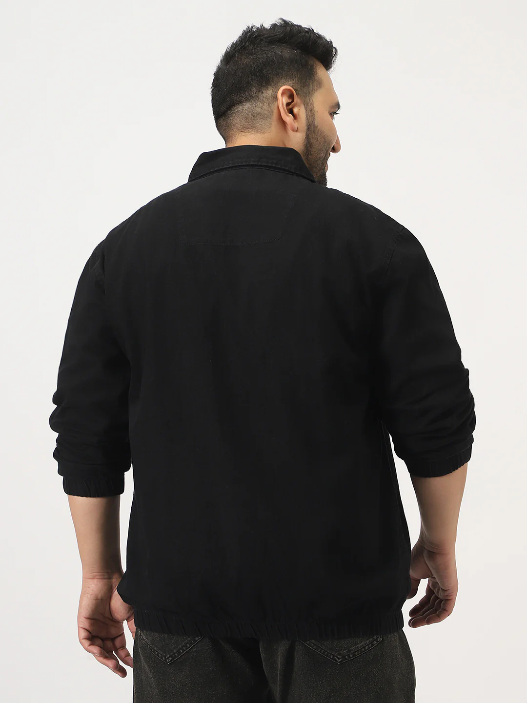 Plus Men's Black Relaxed Fit Full Sleeve Harrington Denim Jacket - Image 3