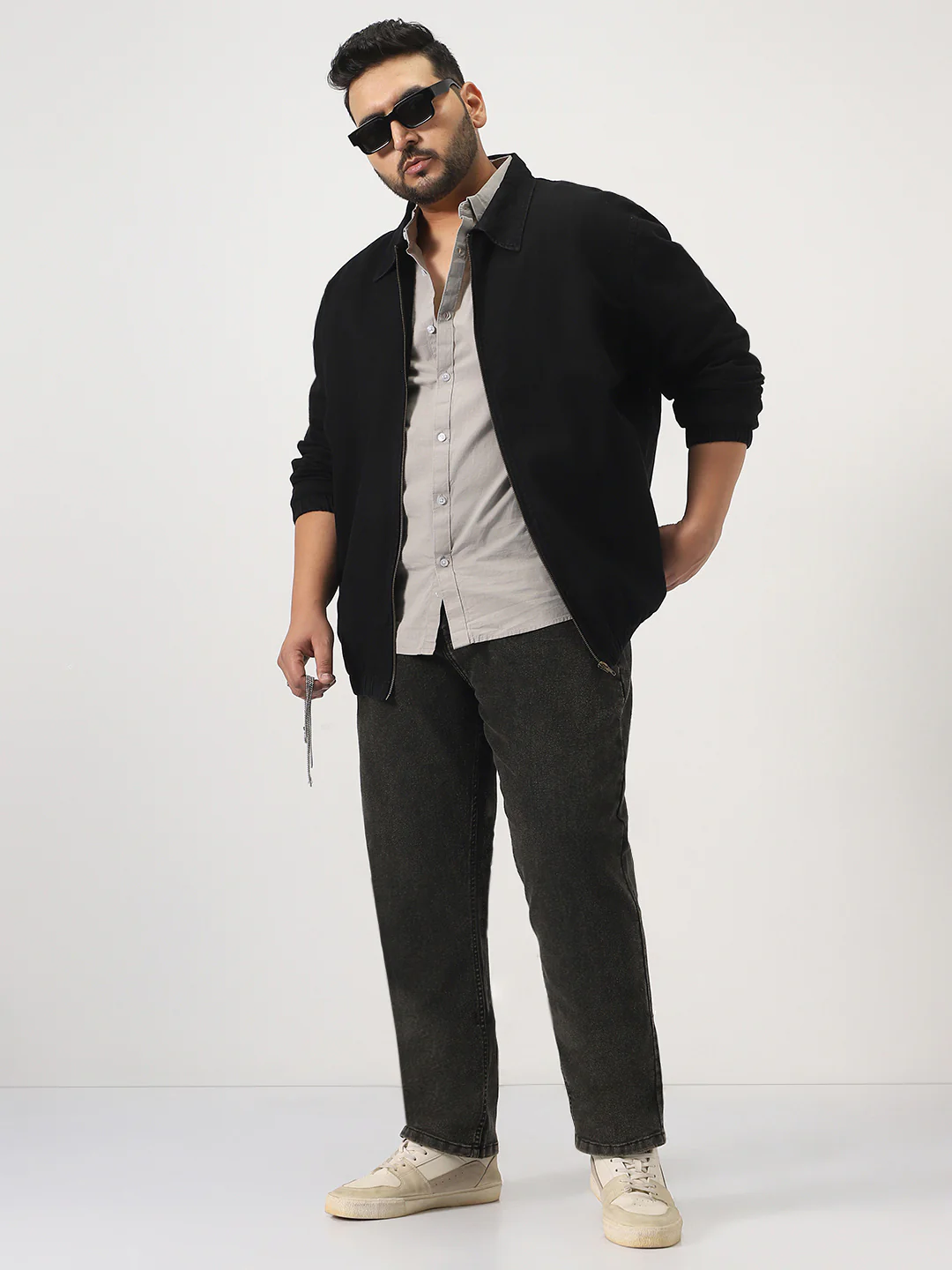 Plus Men's Black Relaxed Fit Full Sleeve Harrington Denim Jacket - Image 4