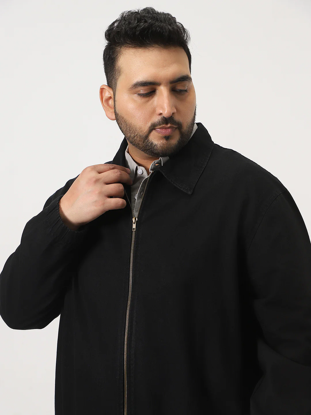 Plus Men's Black Relaxed Fit Full Sleeve Harrington Denim Jacket - Image 5