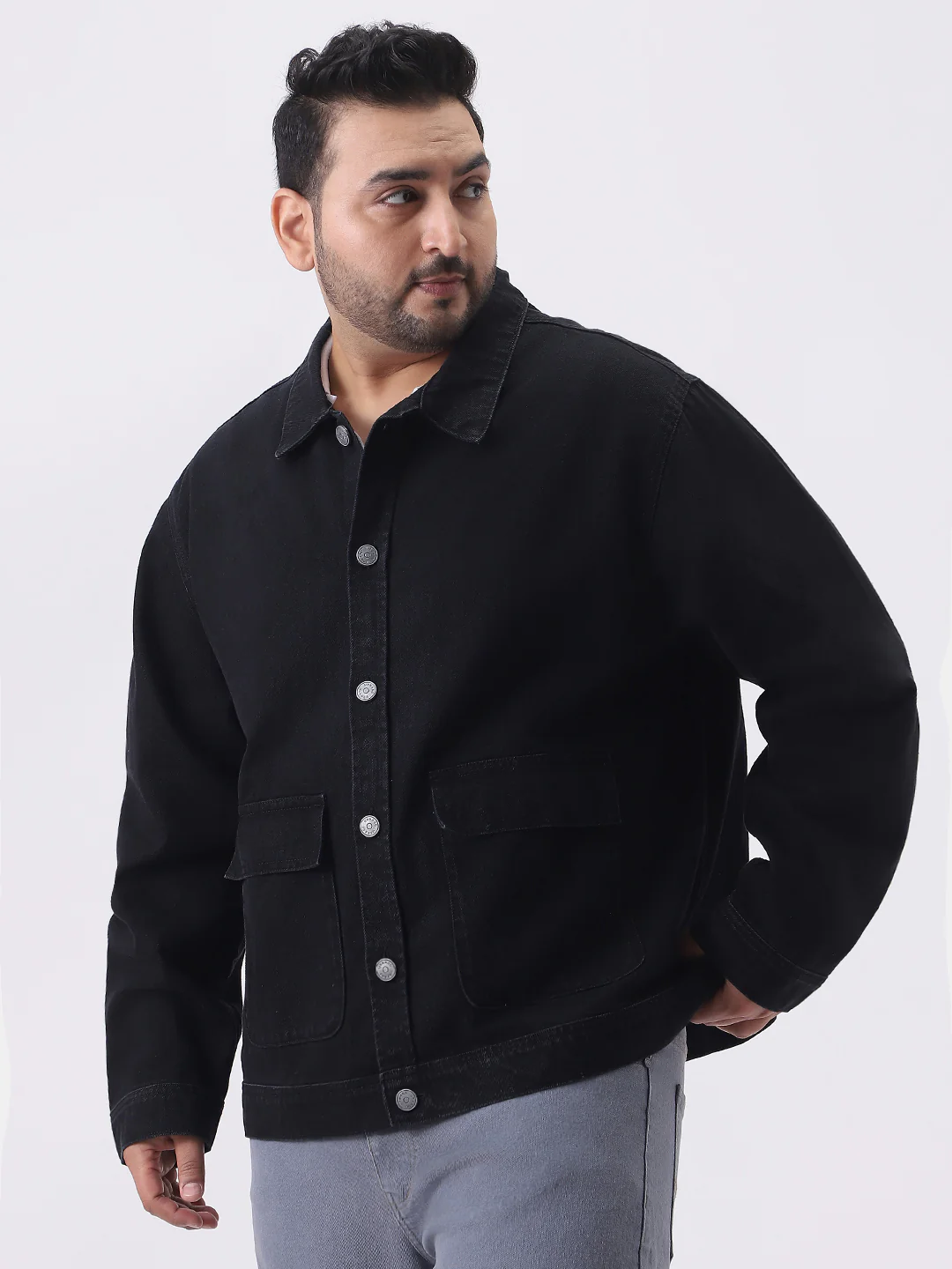Plus Men's Black Relaxed Fit Full Sleeve Utility Denim Jacket - Image 2