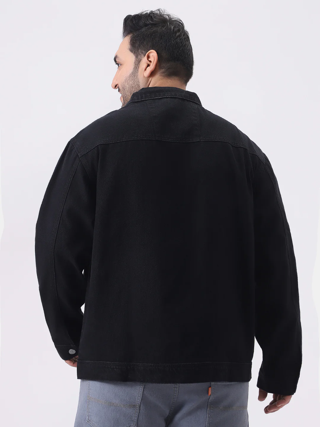 Plus Men's Black Relaxed Fit Full Sleeve Utility Denim Jacket - Image 3