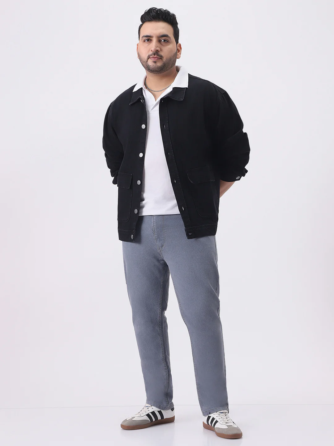 Plus Men's Black Relaxed Fit Full Sleeve Utility Denim Jacket - Image 4