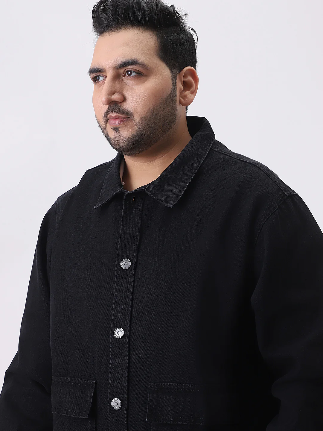 Plus Men's Black Relaxed Fit Full Sleeve Utility Denim Jacket - Image 5