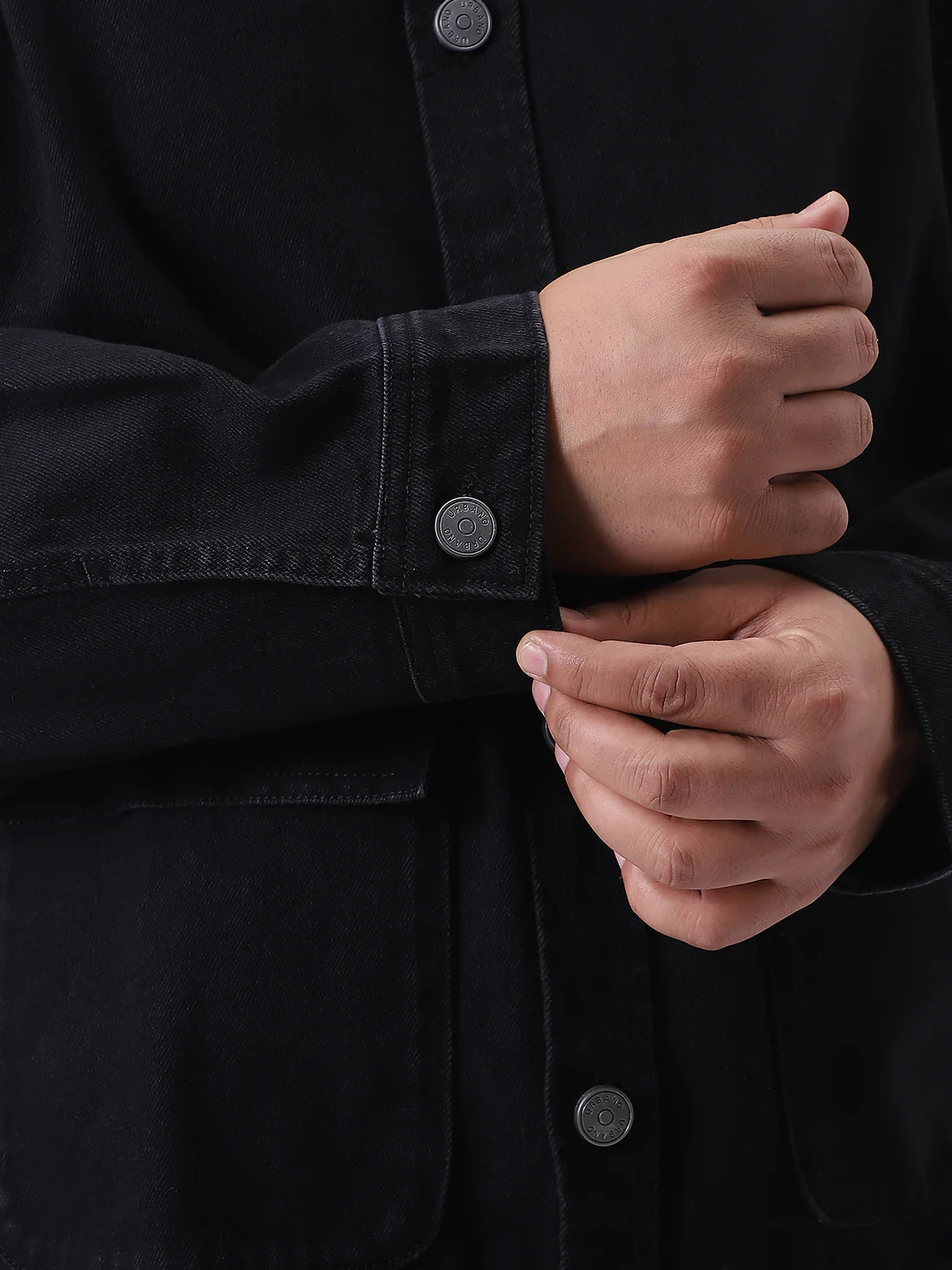 Plus Men's Black Relaxed Fit Full Sleeve Utility Denim Jacket - Image 6
