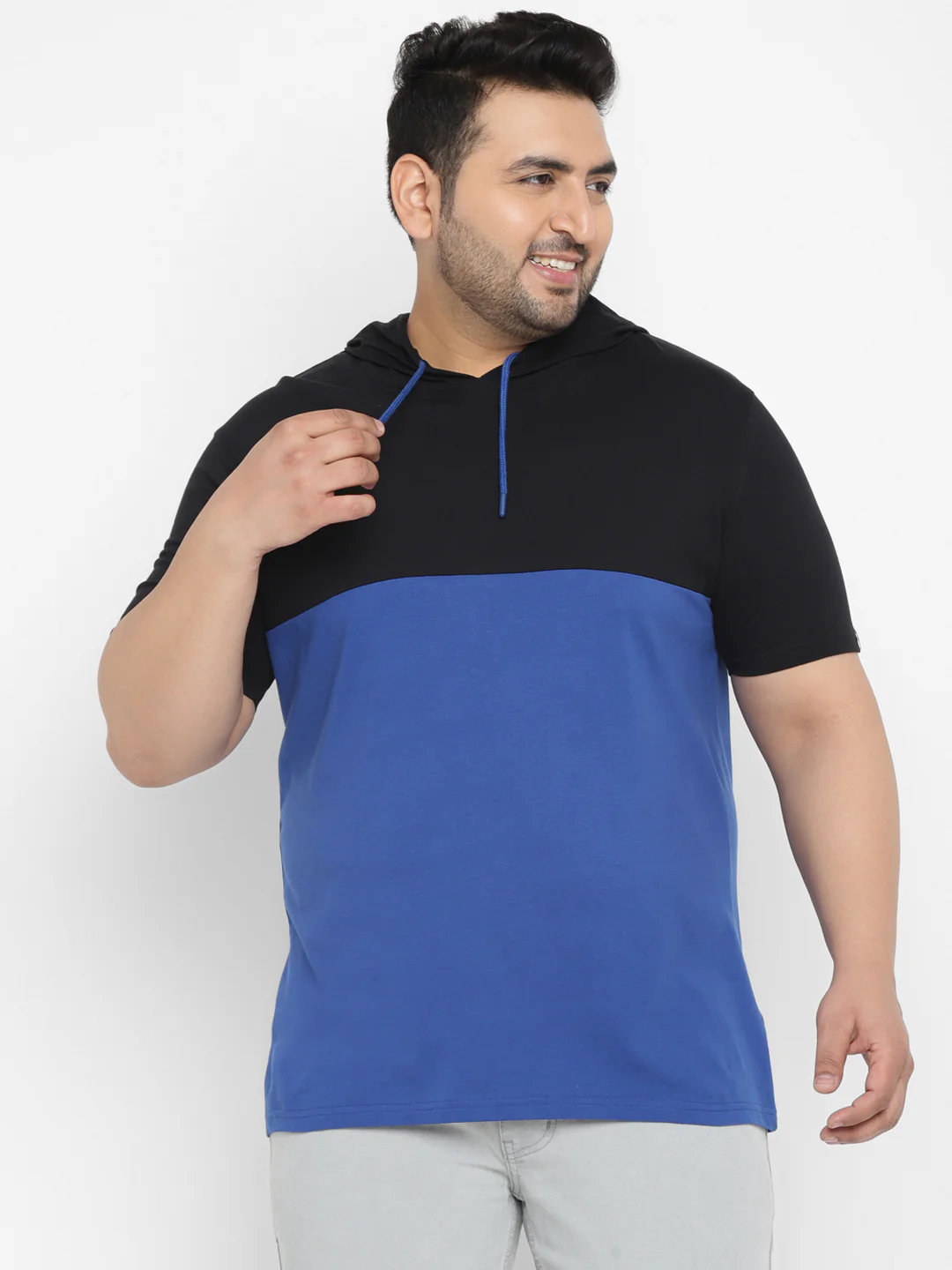 Plus Men's Black, Royal Blue Color-Block Hooded Neck Regular Fit Half Sleeve Cotton T-Shirt