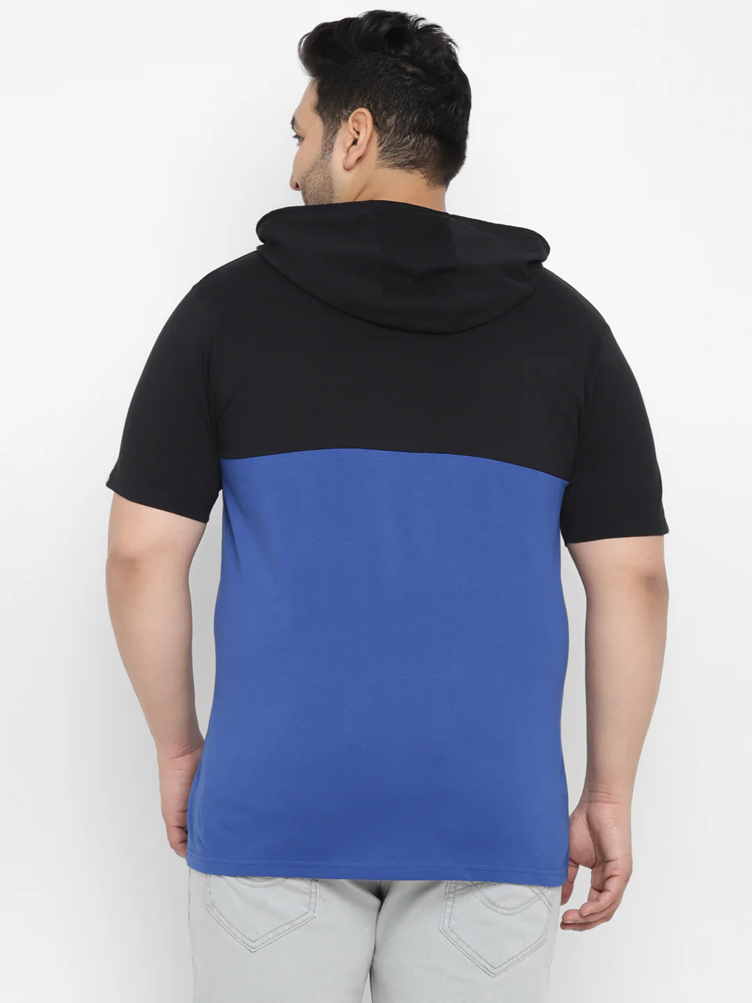 Plus Men's Black, Royal Blue Color-Block Hooded Neck Regular Fit Half Sleeve Cotton T-Shirt - Image 3
