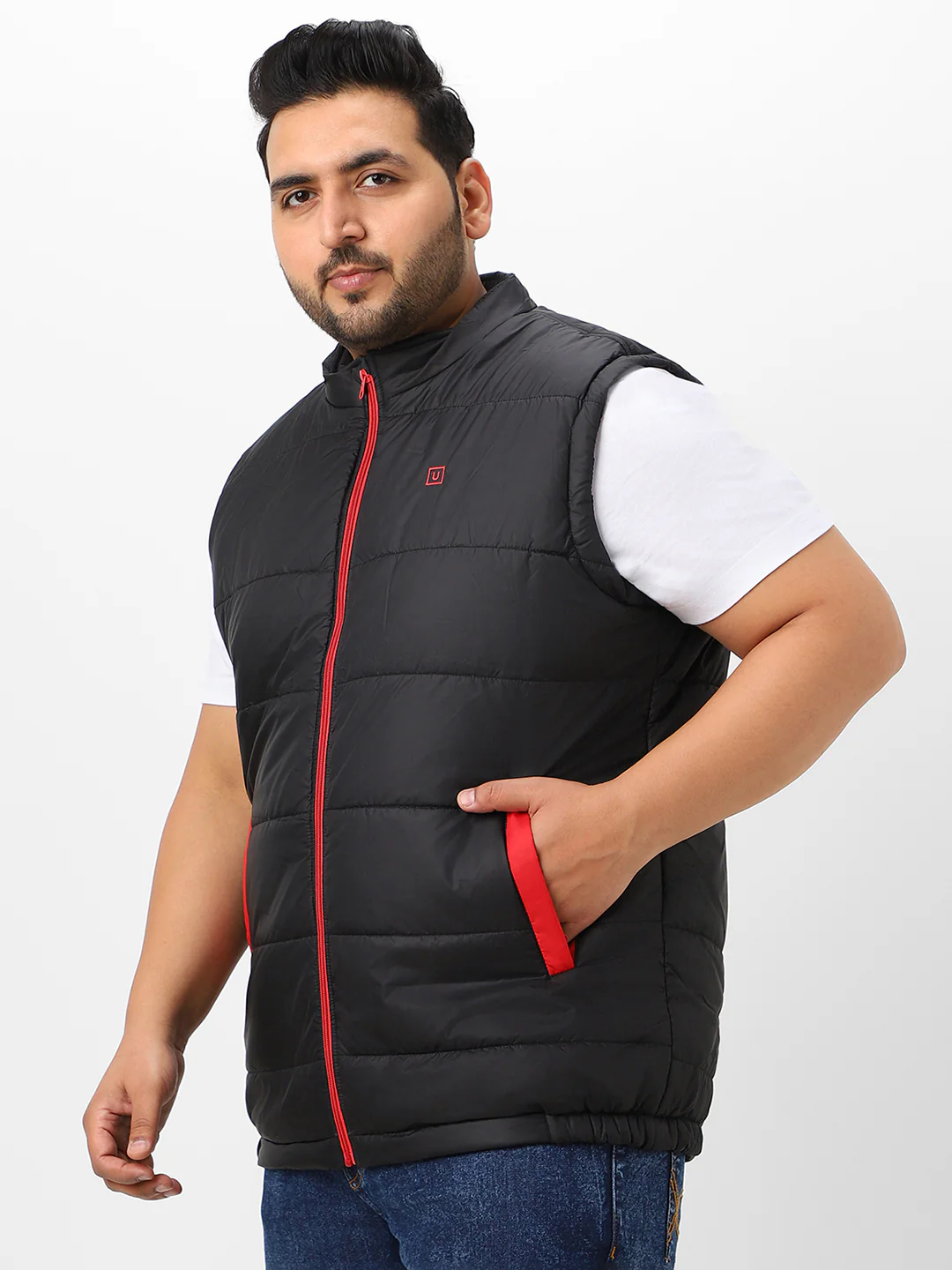 Plus Men's Black Sleeveless Zippered Puffer Jacket - Image 2