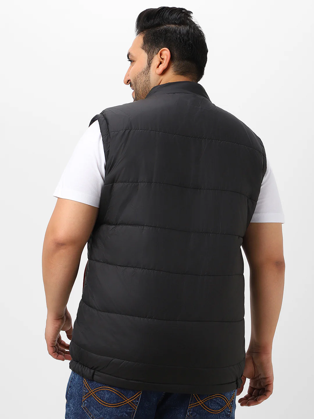 Plus Men's Black Sleeveless Zippered Puffer Jacket - Image 3