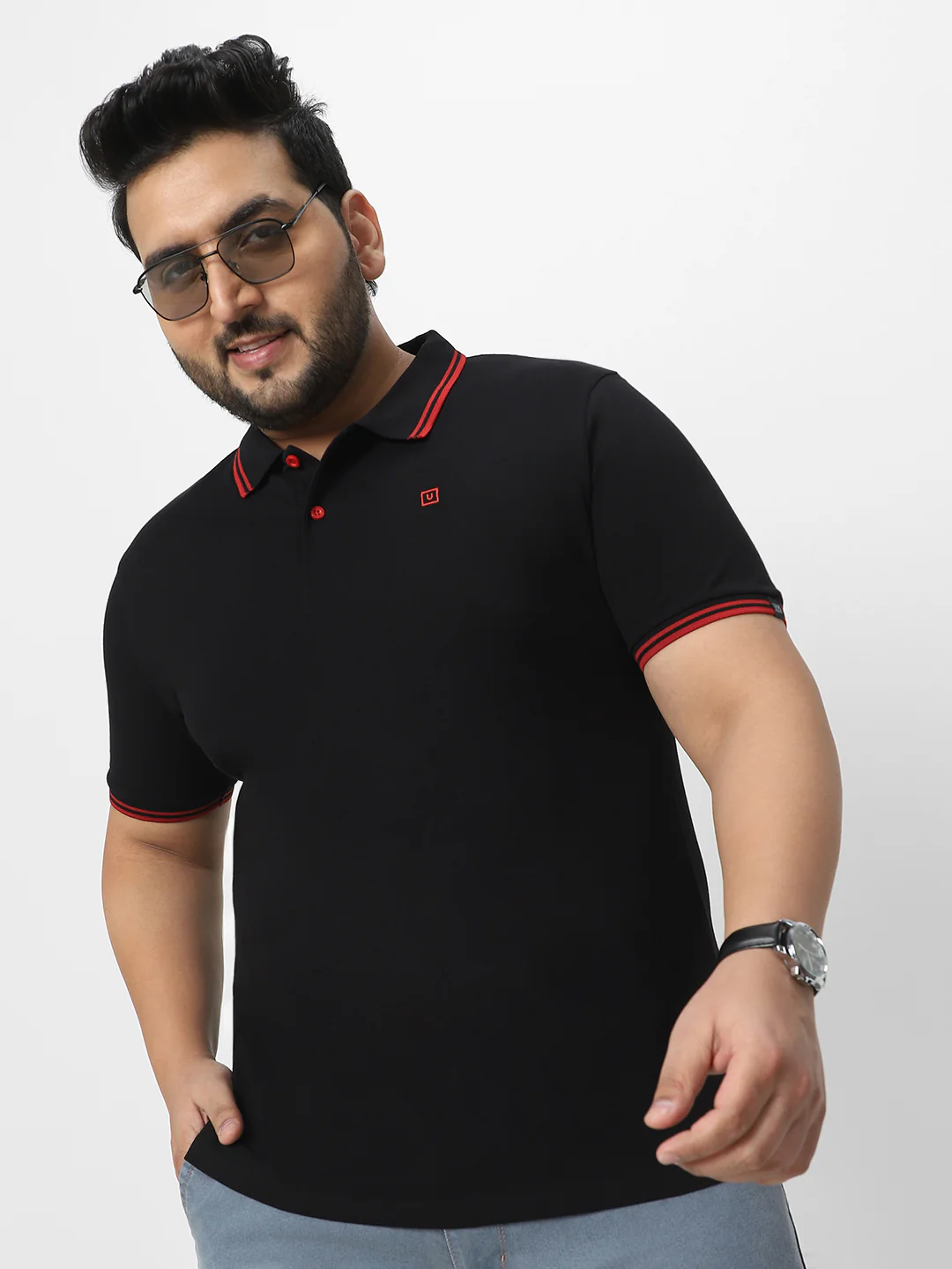 Plus Men's Black Solid Cotton Polo T-Shirt - Image 2