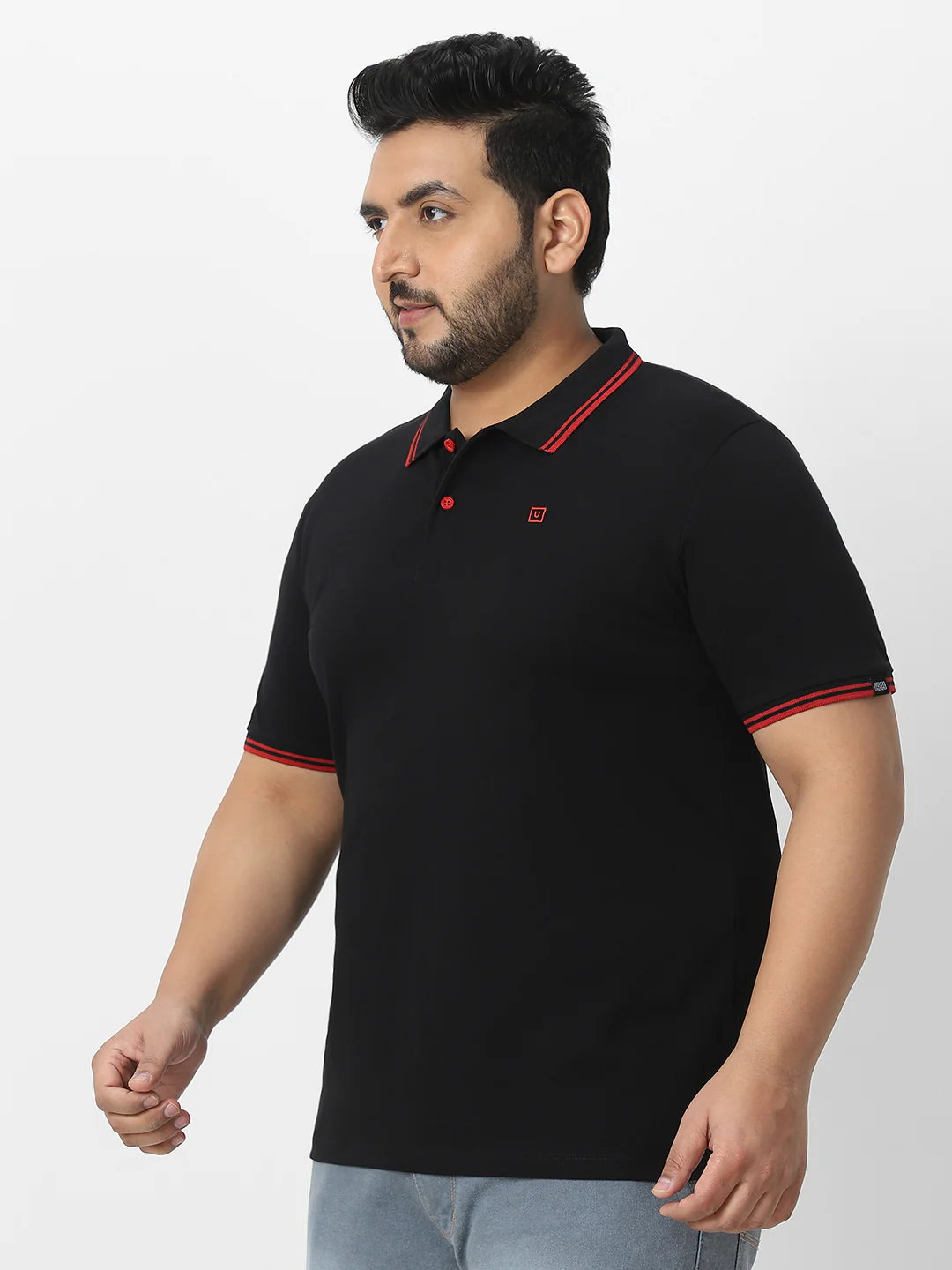 Plus Men's Black Solid Cotton Polo T-Shirt - Image 3