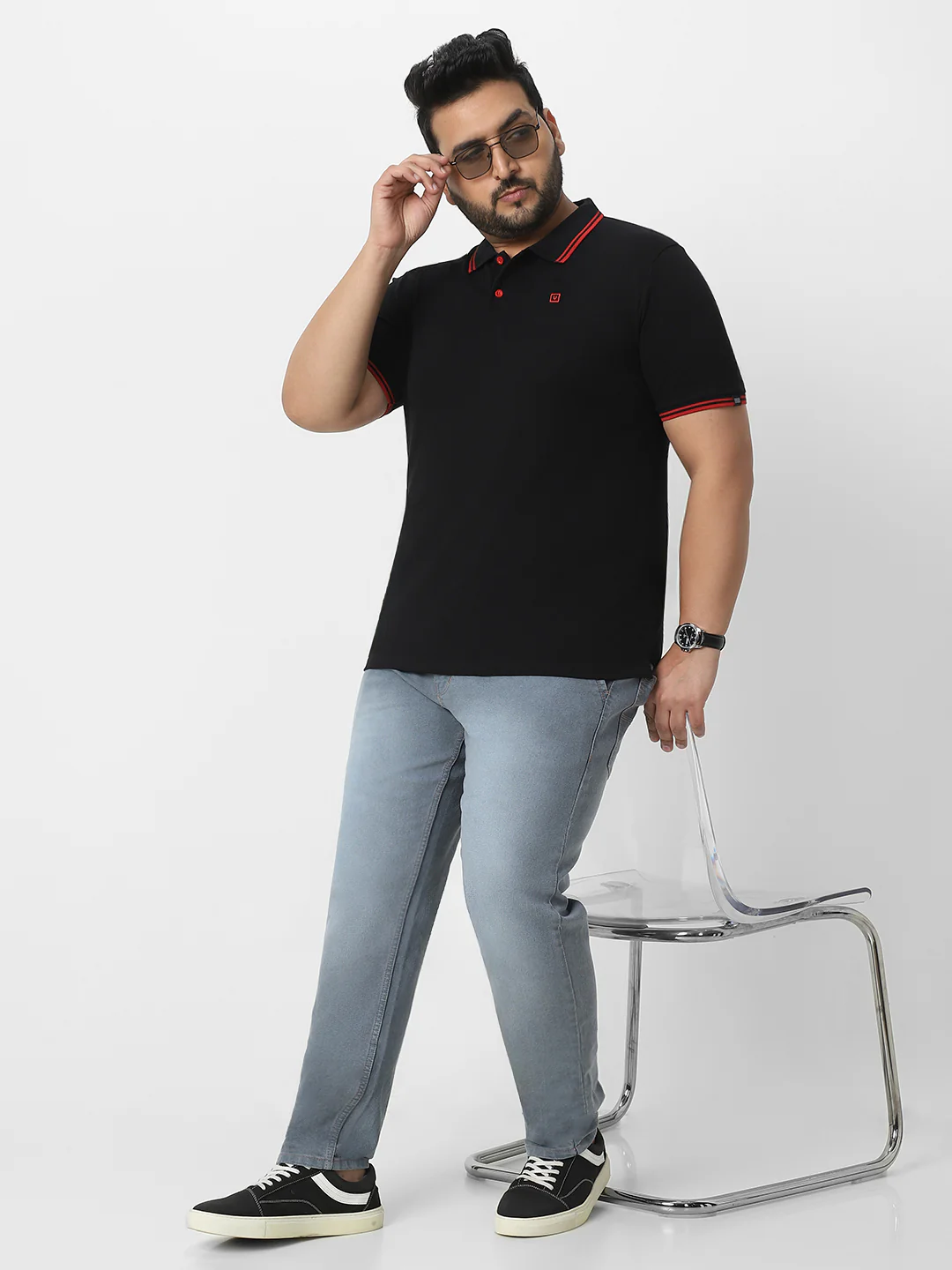 Plus Men's Black Solid Cotton Polo T-Shirt - Image 5