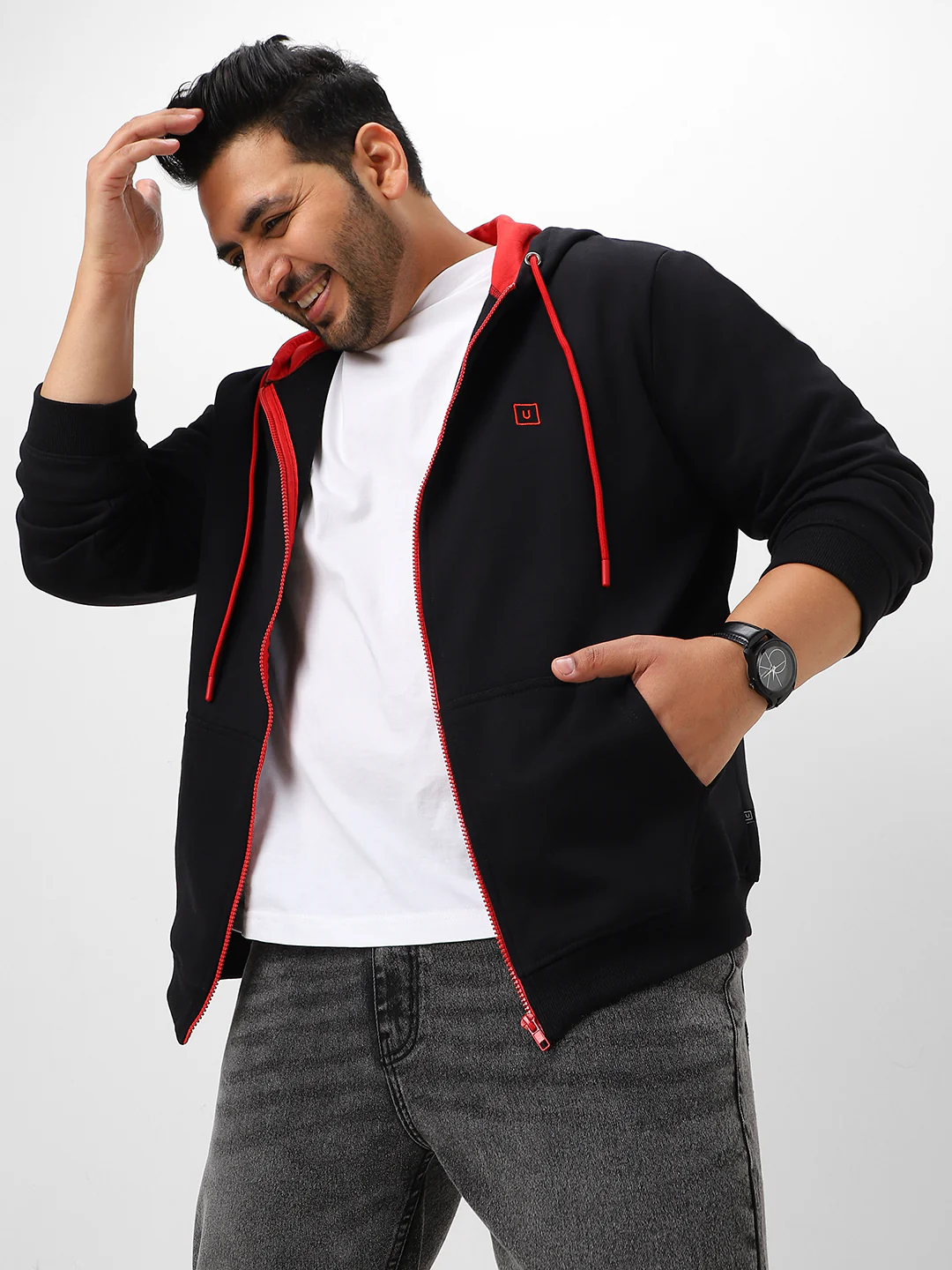 Plus Men's Black Solid Cotton Zippered Hooded Casual Winterwear Sweatshirt - Image 2